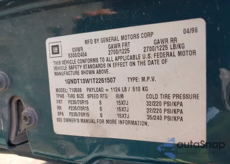 1996 Chevrolet Blazer из США, поврежденный, VIN 1GNDT13W1T2261507